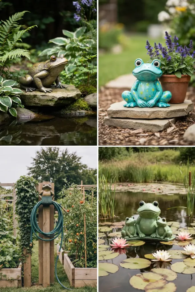 Collage style wide shot showing four distinct garden vignettes side by side, realistic, whimsical, functional, and pond themed, each featuring a different frog statue style