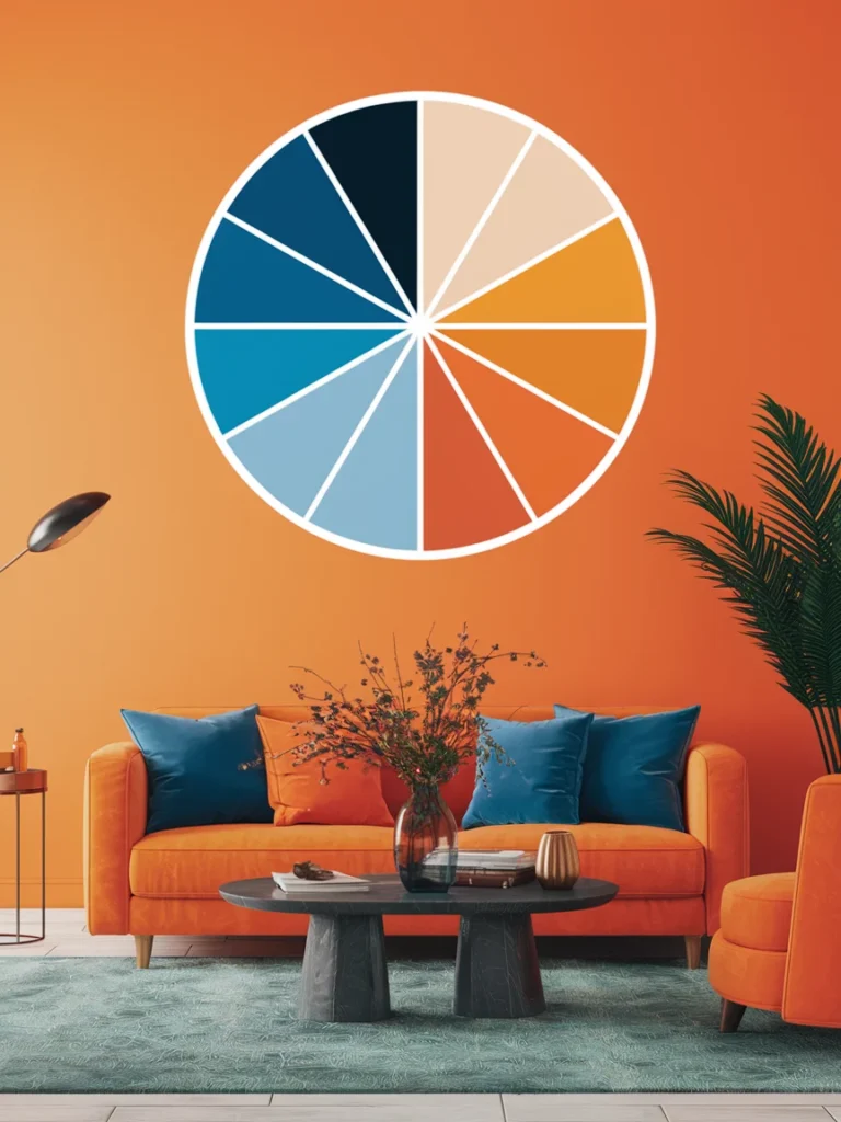 Color wheel showing blue and orange as opposites, with a sunset photo for blue and orange living room decor