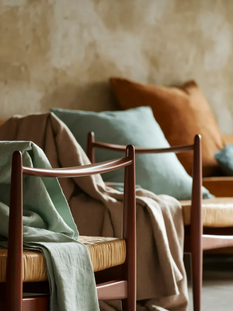 Colors that flatter cherry wood furniture including sage, cream, taupe, and slate blue