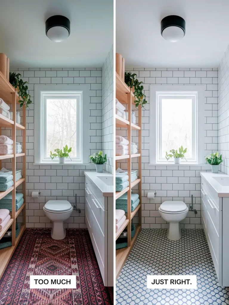 Overcrowded versus balanced small apartment bathroom decor comparison.
