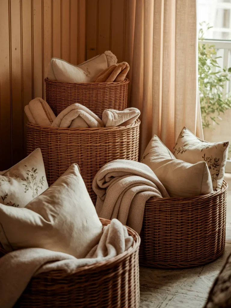  Common wicker basket shapes in a living room holding blankets, remotes, and pillows