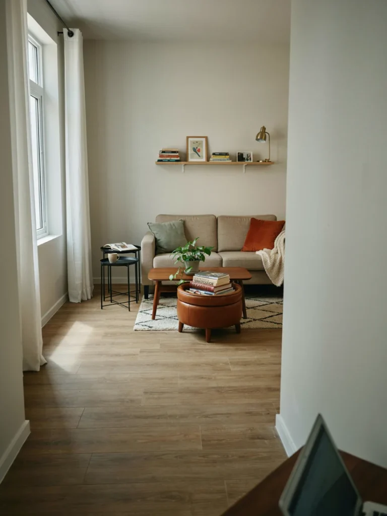Compact college apartment living room furnished with a small sofa, nesting tables, and a storage ottoman scaled appropriately to the tight space, tidy functional layout
