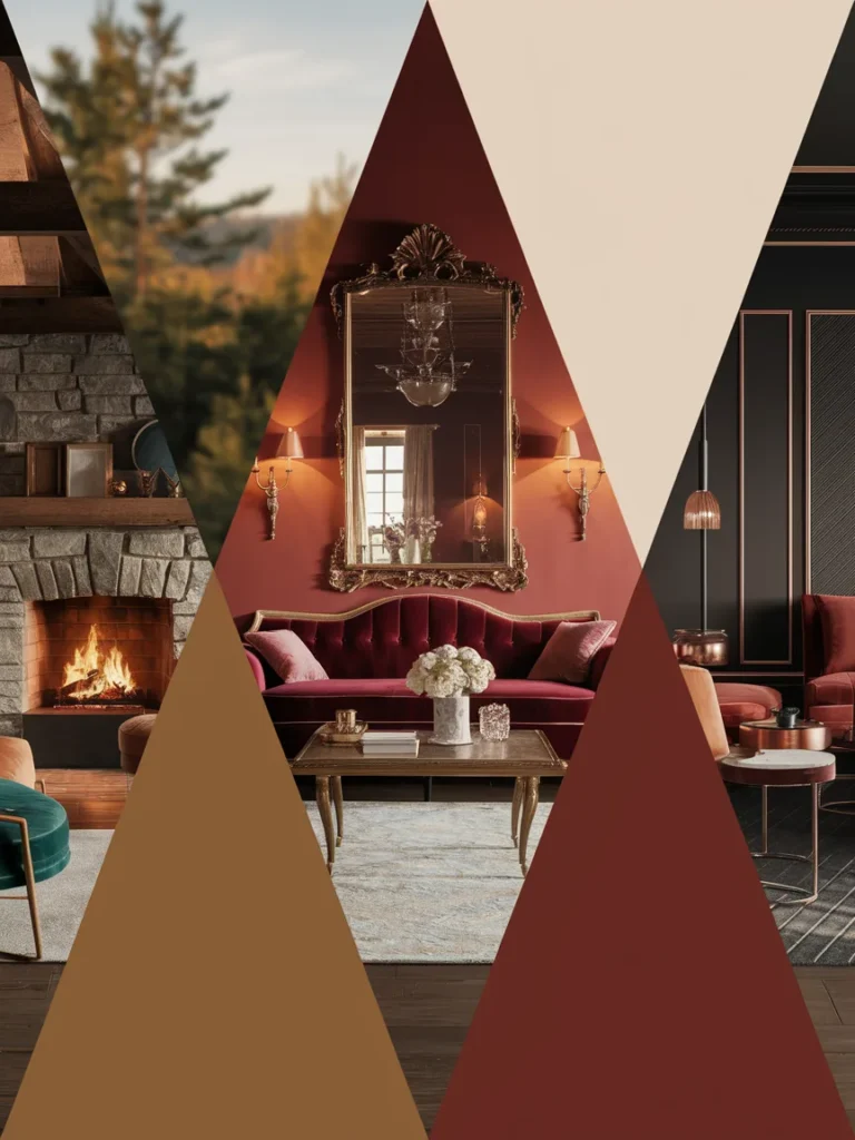 Comparison of cabin, copper, and farmhouse glam living room decor styles in three panels