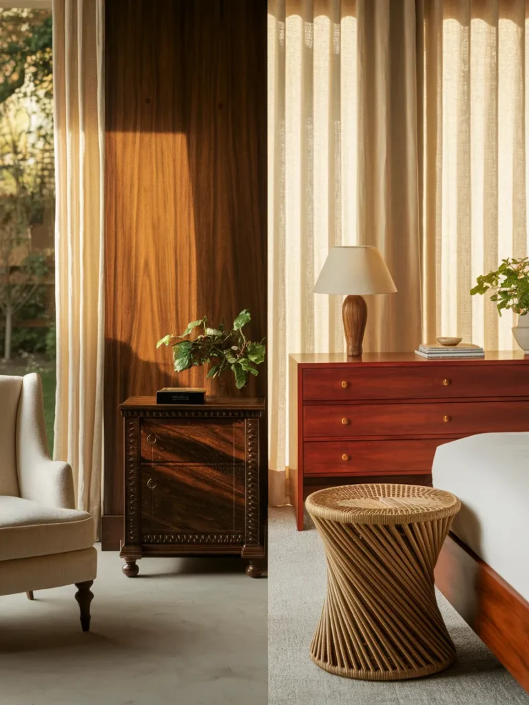 Comparison of dark wood and cherry wood bedroom furniture decor styling side by side
