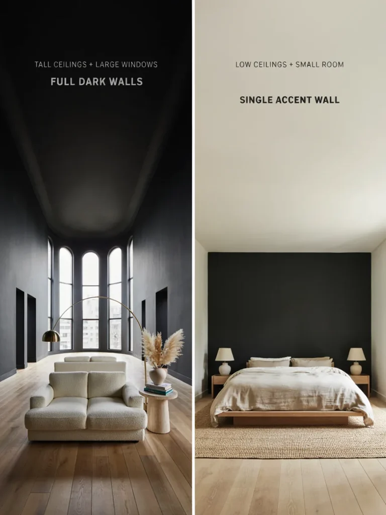 Comparison of two rooms, a bright airy room with tall ceilings and large windows suited to full dark walls, next to a smaller low ceiling room with a single dark accent wall instead