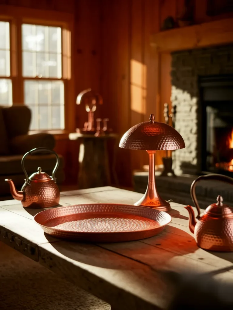 Copper living room decor with hammered tray, copper lamp, and kettle in a cabin style room