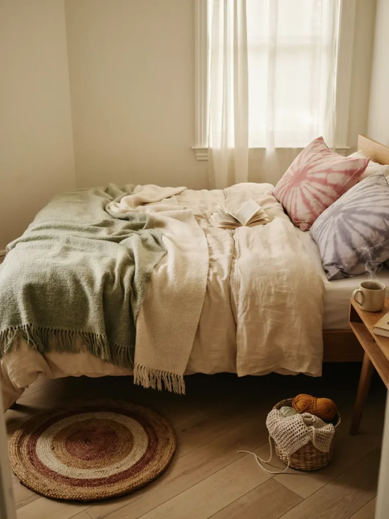 Cozy bed styled with a no sew fleece throw blanket, tie dye pillowcases, and a braided t-shirt rug nearby, soft textured DIY bedding decor