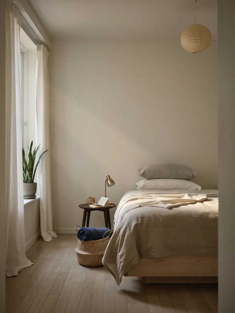 Cozy bedroom corner with soft natural window light falling across a low platform bed, illustrating how light quality affects the mood of Korean and Japanese styled rooms