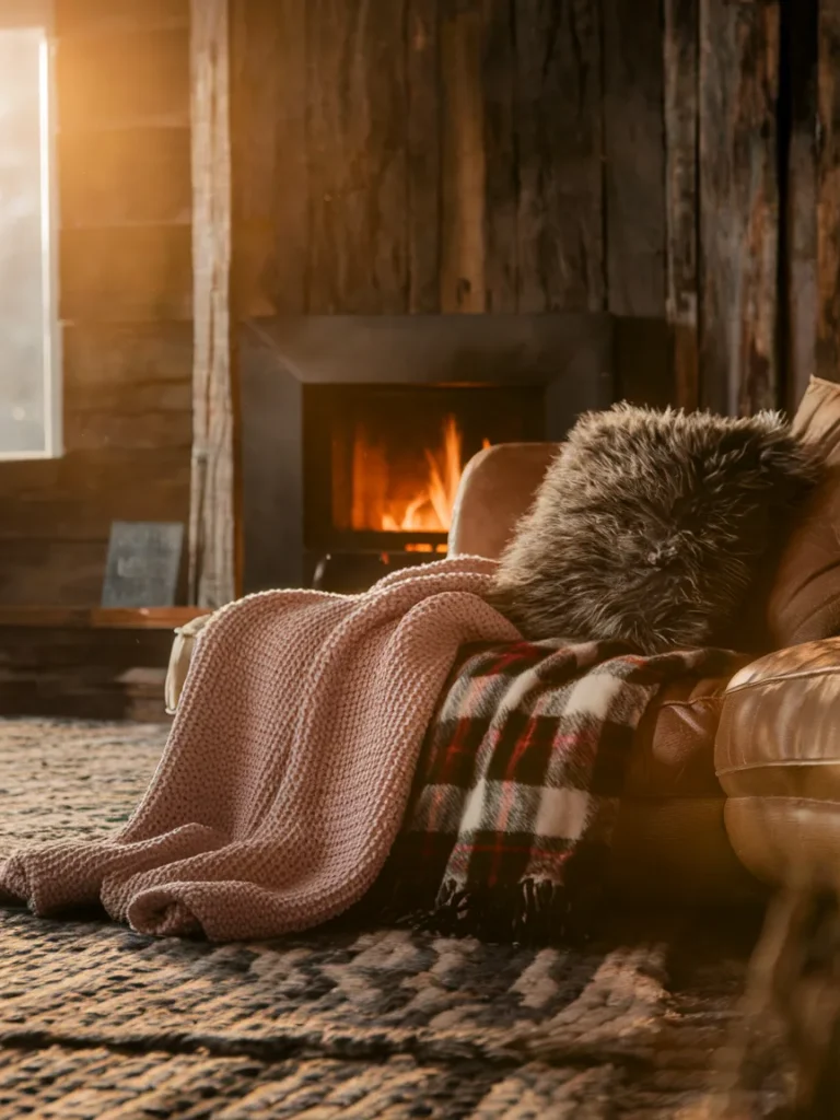 Cozy layers for cabin living room decor with knit blanket, plaid throw, faux fur pillow, and wool rug