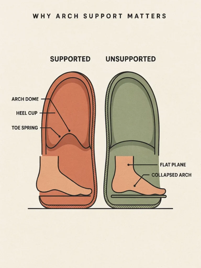 Cross section or cutaway illustration of a gardening clog footbed showing contoured arch support versus a flat, unsupportive sole