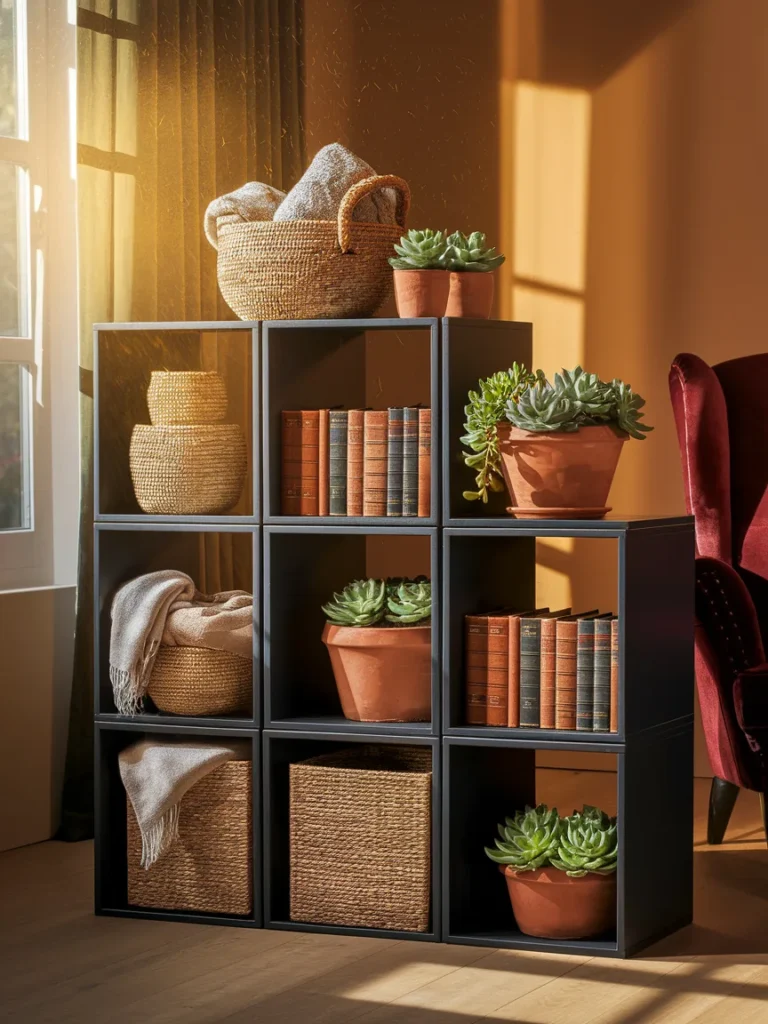 Cube storage with a mix of woven baskets, open cubes, plants, and books in a living room