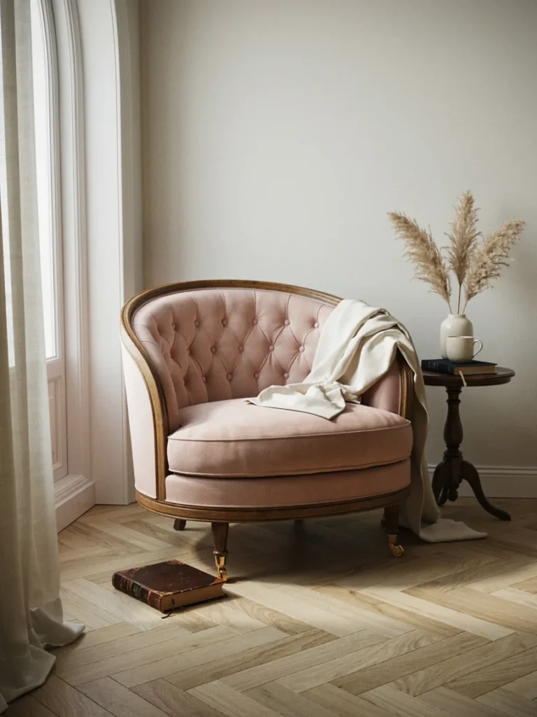Curved bergere chair with rounded wooden frame and soft blush tufted upholstery positioned in an elegant living room corner, warm natural light highlighting the silhouette