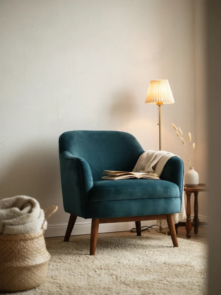 Deep teal accent chair with brass lamp beside it in an otherwise neutral toned living room corner, single bold pop of color, warm ambient lighting]
