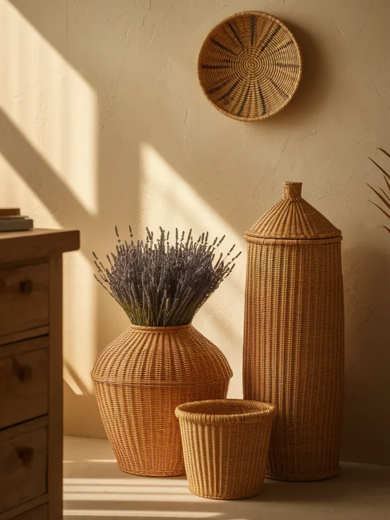 Different types of wicker baskets for living room decor including round, lidded, tall, and wall baskets