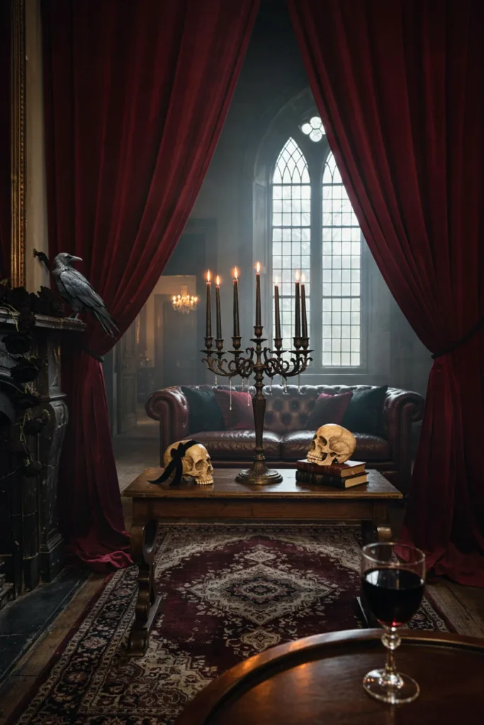 Dramatic living room styled in deep red and black, large black candelabra, skull accents, heavy dark drapery, dim moody lighting, bold gothic Halloween statement look