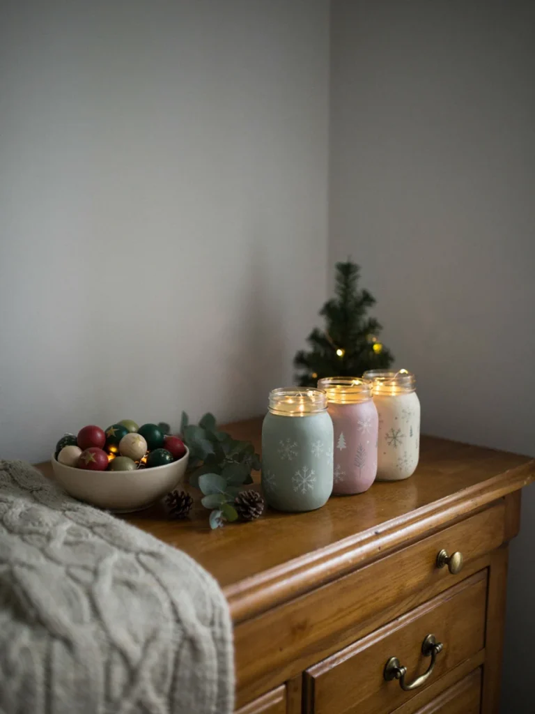 Dresser styled with painted mason jars filled with fairy lights and a small bowl of hand painted wooden ornaments, cozy Christmas tabletop decor