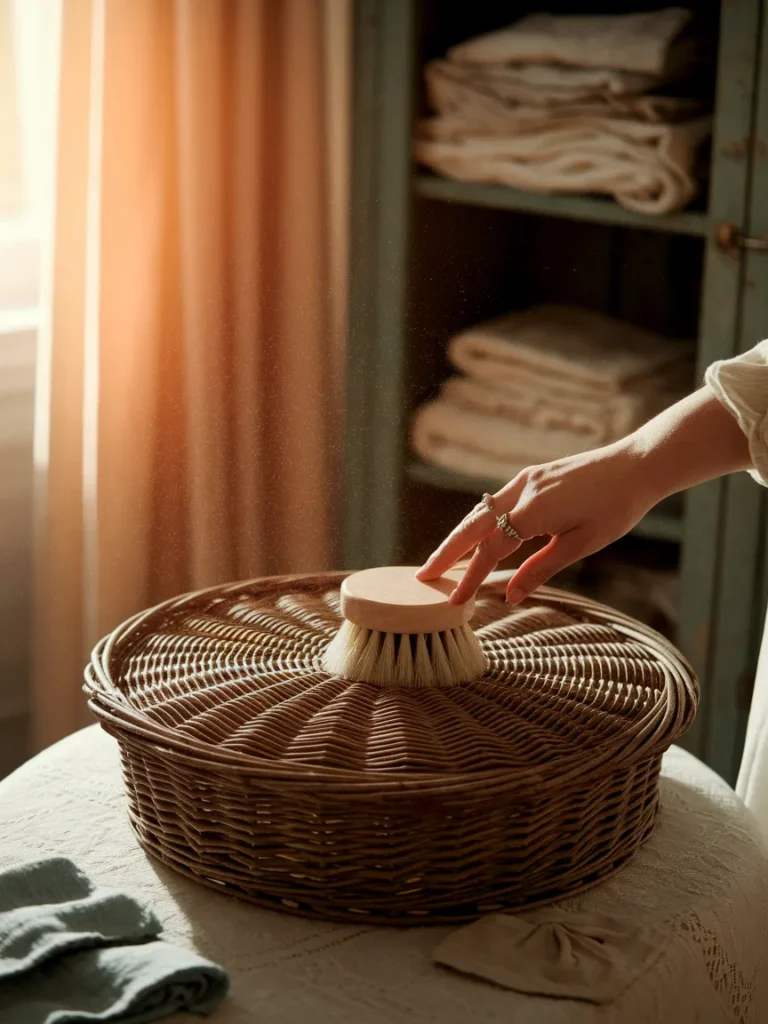  Dusting a wicker basket with a soft brush and damp cloth for easy basket care