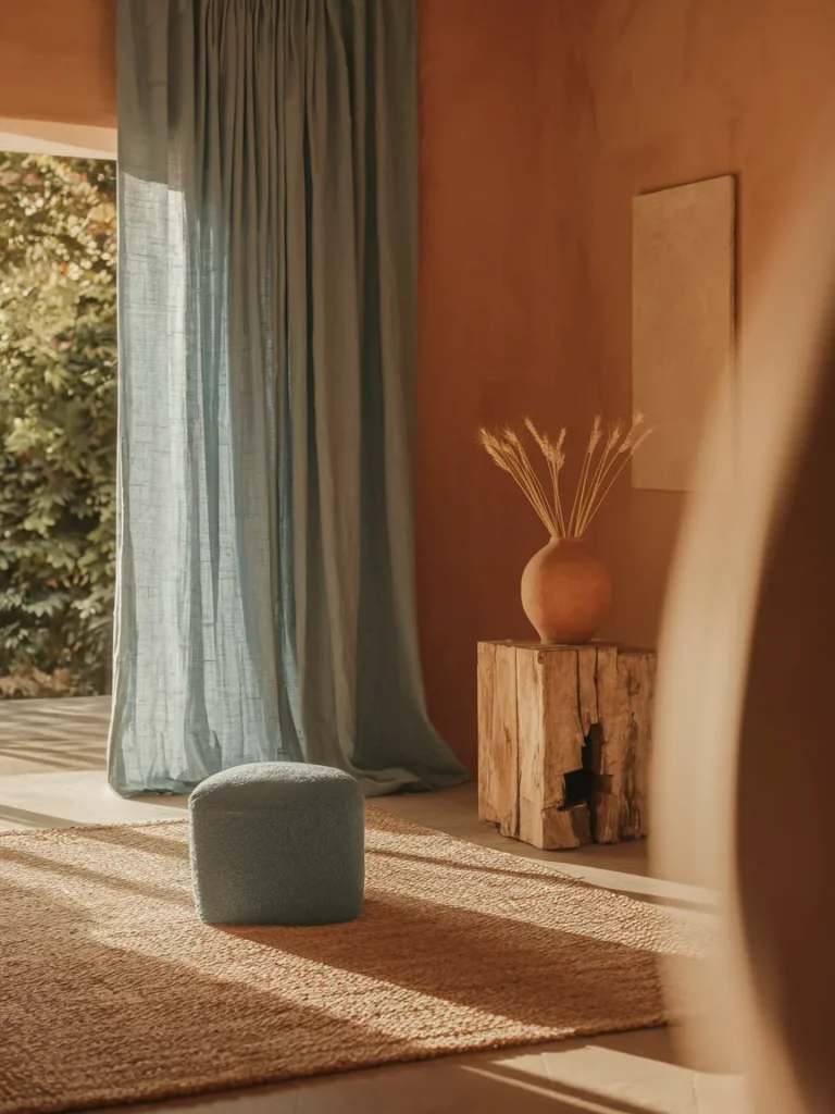  Dusty blue and terracotta living room decor with jute rug, linen curtains, and clay vase