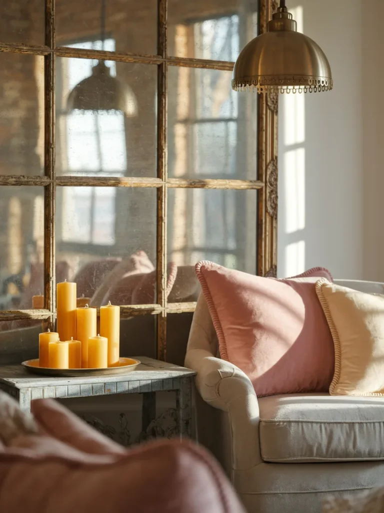Easy ways to add farmhouse glam living room decor with mirror, pendant, velvet pillows, and candles