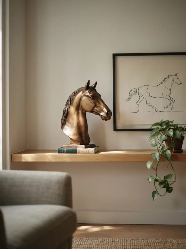 Elegant bronze horse head silhouette displayed on a living room shelf beside equestrian line art, sophisticated wildlife decor pairing, warm natural light