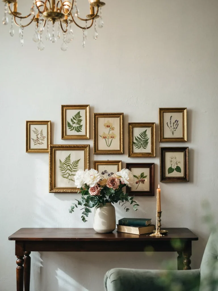 Elegant living room detail shot featuring a small crystal chandelier, a gallery wall of ornately framed botanical prints, and a vase of fresh flowers on a console table, warm ambient lighting.