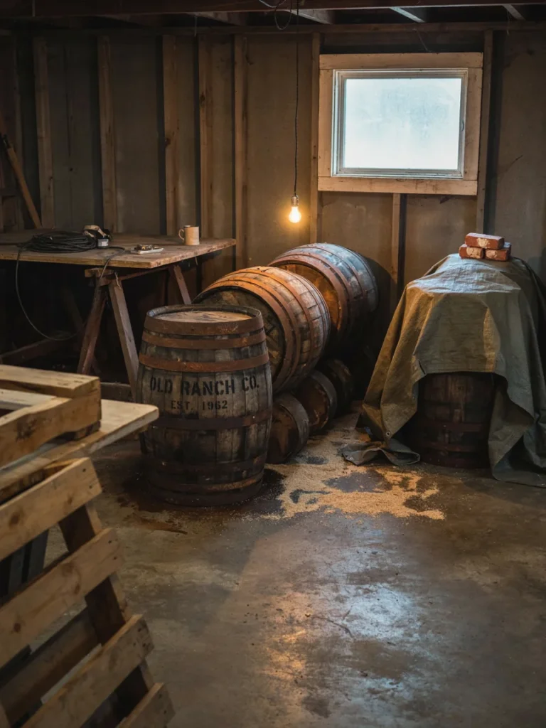 Empty barrels stored upside down or under a tarp in a garage or shed, protected from freezing winter weather