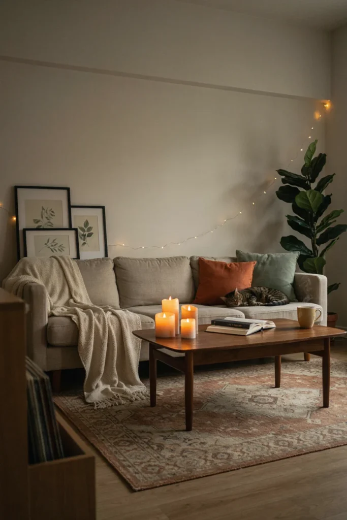 Evening living room scene lit primarily by warm string lights and flickering LED candles, dimmed overhead lighting, cozy atmospheric mood, soft golden glow throughout the room