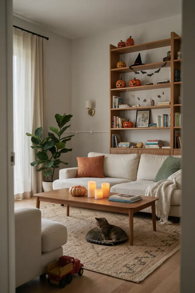 Family friendly living room scene with Halloween decor placed safely on high shelves, flameless LED candles on the coffee table, secured light cords along the baseboard, child and pet safe styling
