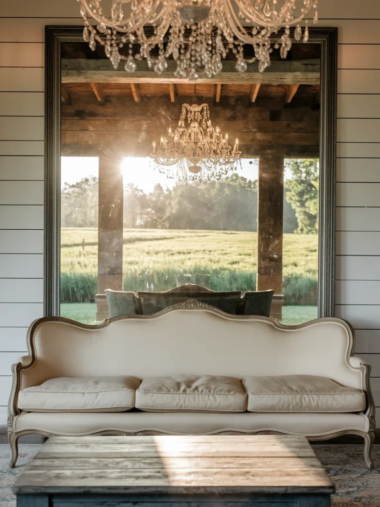 Farmhouse glam living room decor with cream sofa, wood table, large mirror, and chandelier