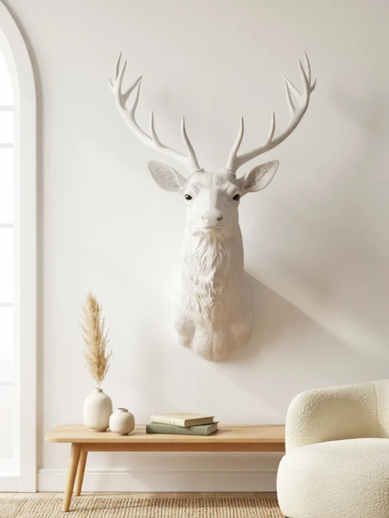 Faux resin deer mount in matte white finish mounted on a clean modern living room wall, sculptural realistic detail, bright natural light