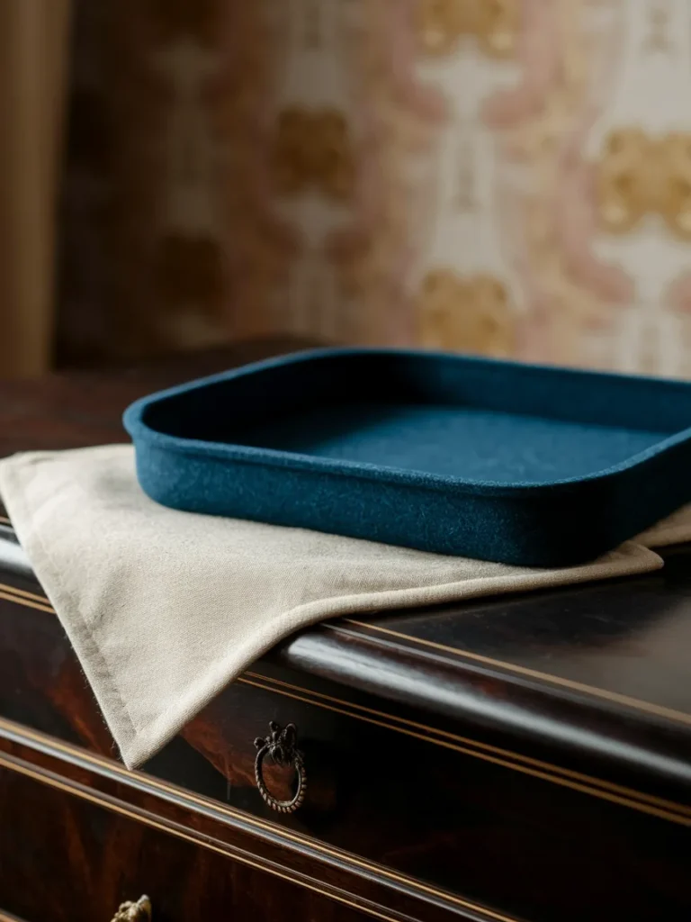 Felt lined tray and microfiber cloth protecting the finish of a dark wood bureau
