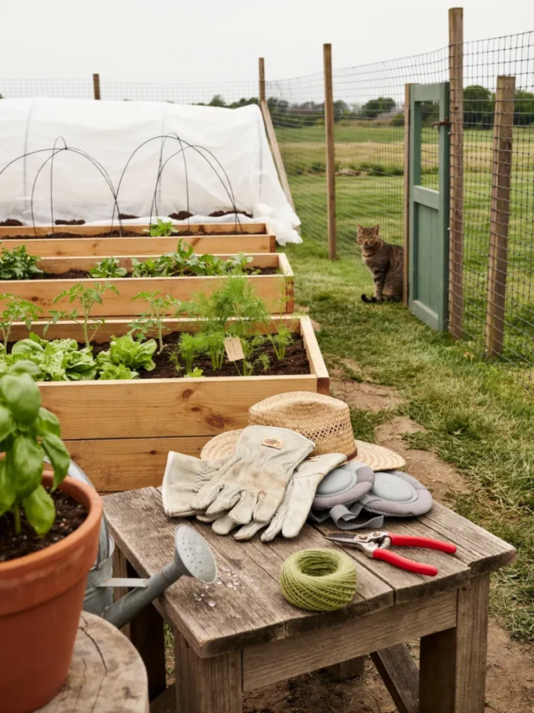 Fenced vegetable garden with a small gate, mesh panels, and a lightweight row cover tent in the background, protective garden gear overview