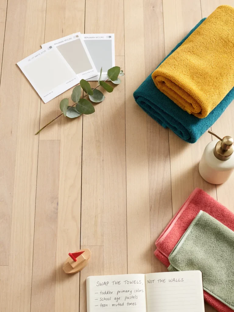 Flat lay comparing neutral base paint swatches with colorful easily swappable towels and small decor pieces, illustrating a bathroom styling strategy that grows with a child