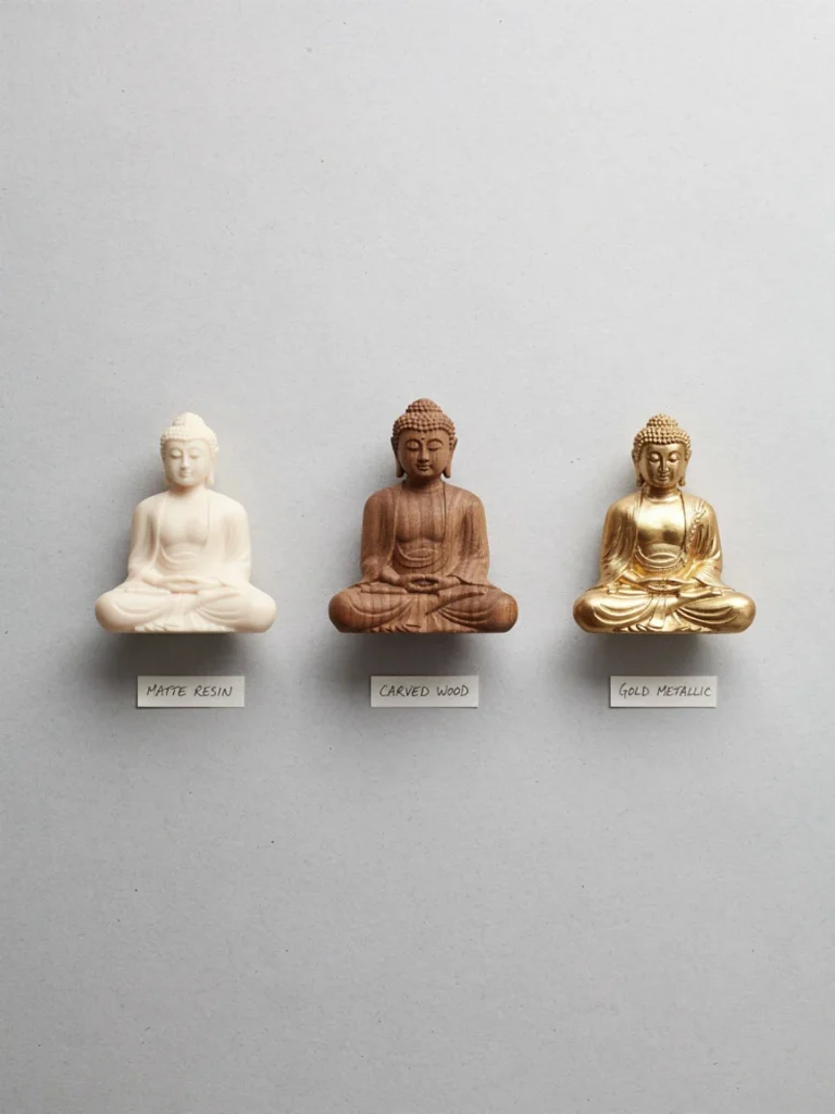 Flat lay comparison of a matte resin Buddha figure, a carved wood Buddha figure, and a gold metallic finish Buddha figure, illustrating different material choices