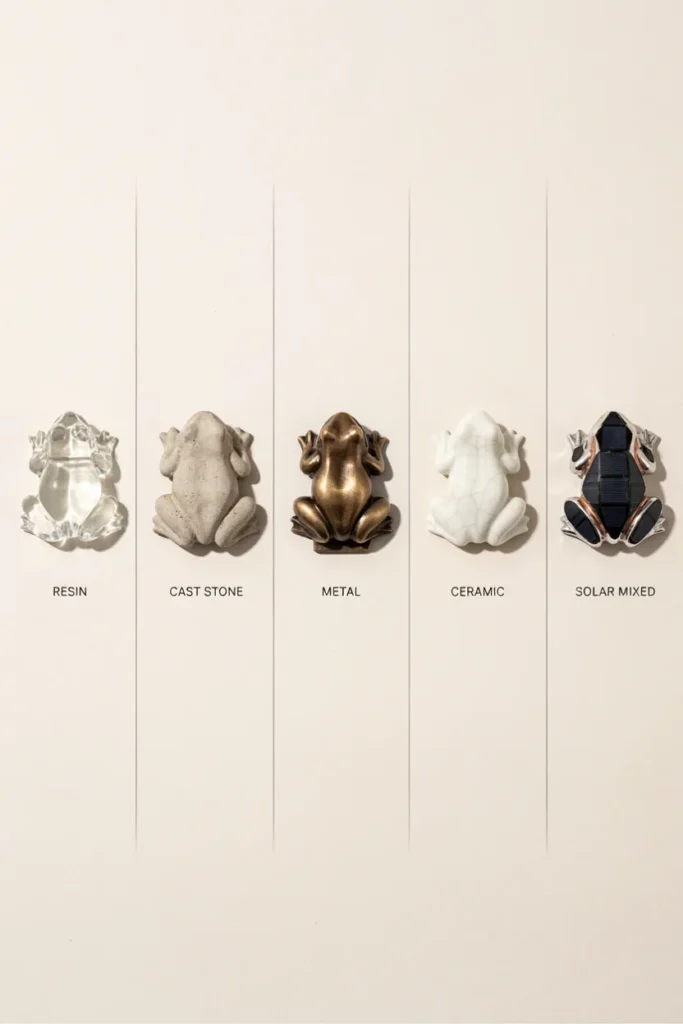 Flat lay grid showing five frog statues side by side, one each in resin, cast stone, metal, ceramic, and mixed solar material, neutral background, clean product comparison photography