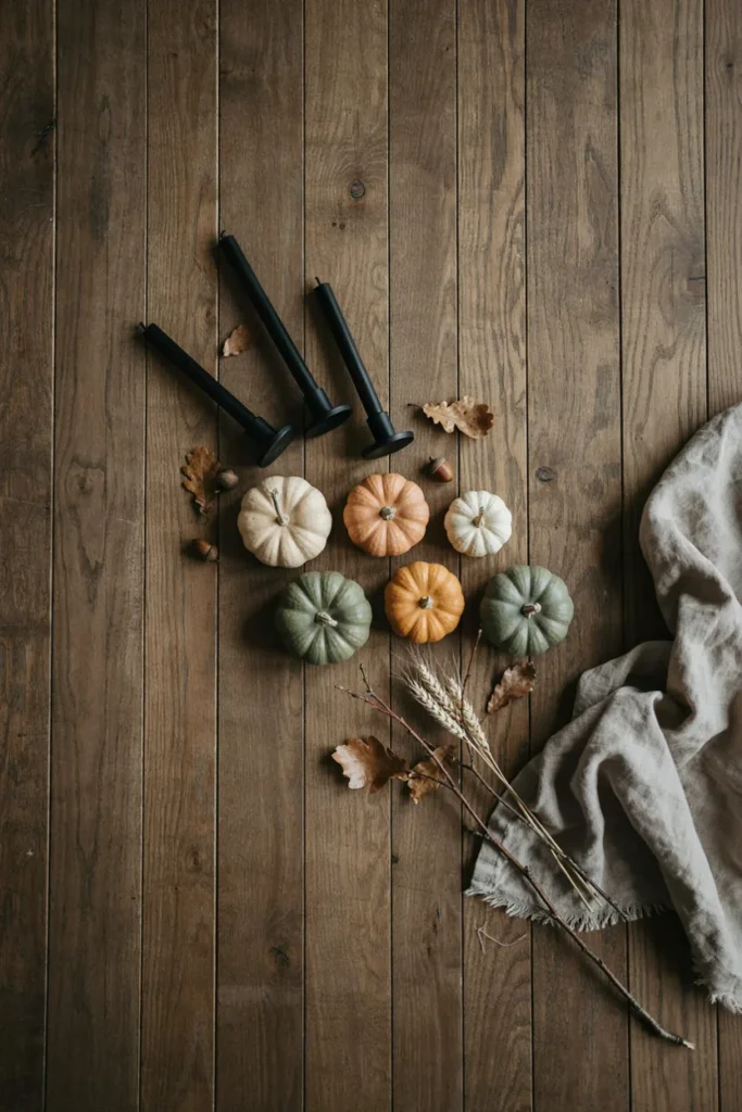Flat lay of affordable Halloween decorating items, plain black candlesticks, natural mini pumpkins, dried branches, and neutral fabric, budget friendly styling flat lay on a wooden surface]