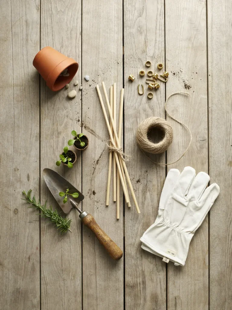 Flat lay of basic DIY gardening kit supplies, wooden stakes, twine, small connectors, and a hand trowel, arranged on a wooden surface, simple starter kit styling