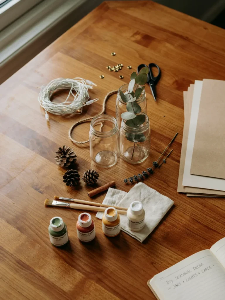 Flat lay of budget friendly craft supplies, plain string lights, glass jars, cardstock, and fabric paint, styled on a wooden table, affordable reusable seasonal decor materials