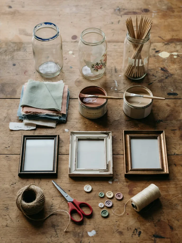 Flat lay of budget friendly craft supplies, thrifted glass jars, fabric scraps, leftover paint, and secondhand frames, styled on a wooden table, affordable DIY materials]