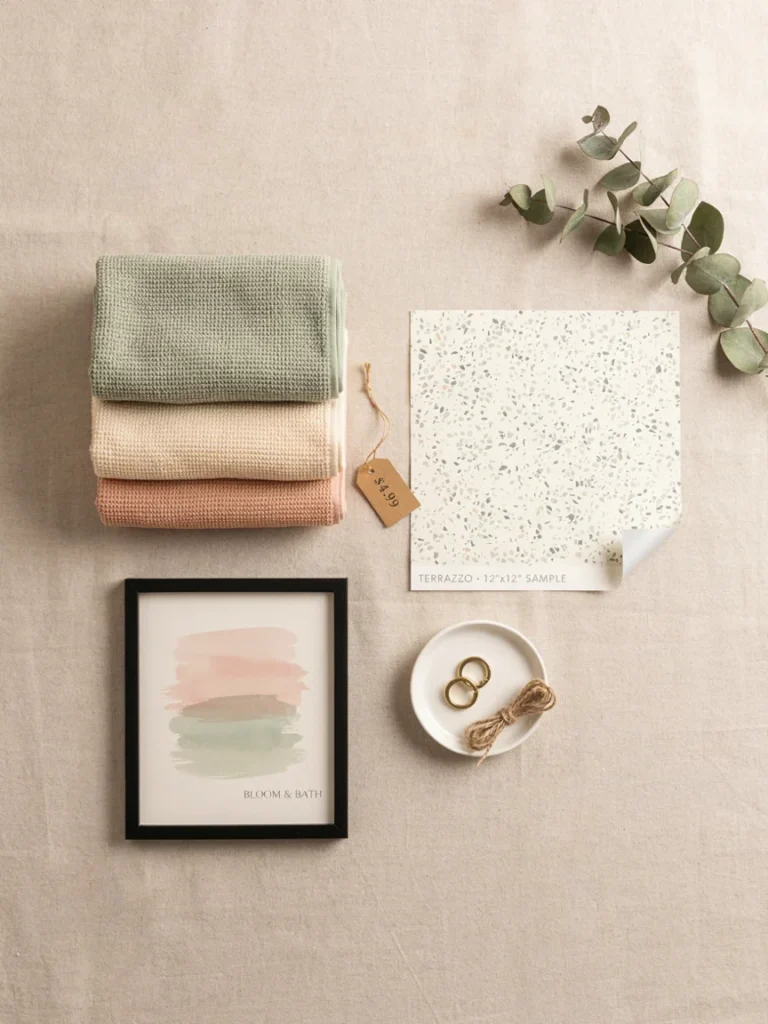 Flat lay of budget friendly tween bathroom updates, a folded towel set, peel and stick wallpaper sample, and small framed print, styled on a neutral surface, affordable styling materials