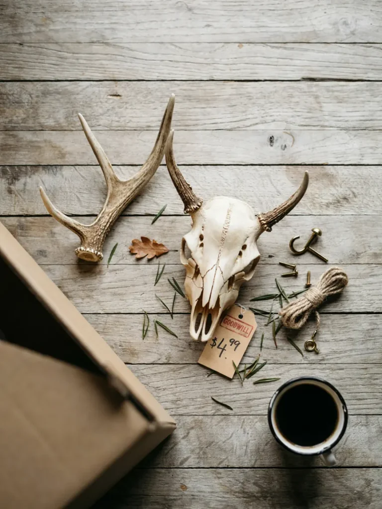 Flat lay of budget friendly wildlife decor finds, a small vintage antler cluster, a secondhand faux skull, and basic mounting hardware, styled on a wooden surface, affordable sourcing materials