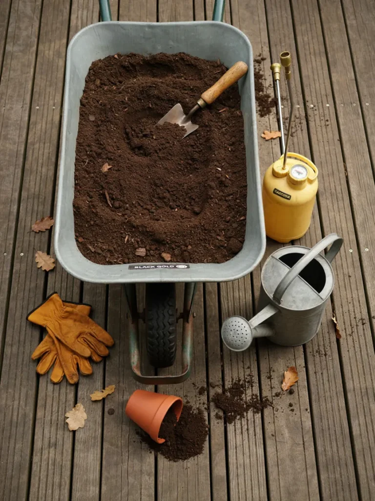 Flat lay of gardening soil in a wheelbarrow next to a pump sprayer and watering can, rich dark soil texture, practical maintenance gear styling