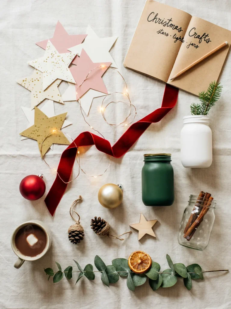 Flat lay overview of Christmas bedroom decor projects arranged together, paper stars, warm string lights, painted jars, and small ornaments, cozy festive crafting layout