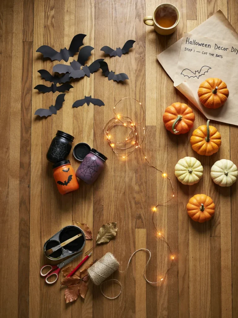 Flat lay overview of Halloween bedroom decor projects arranged together, paper bats, orange string lights, painted jars, and mini pumpkins, playful spooky crafting layout