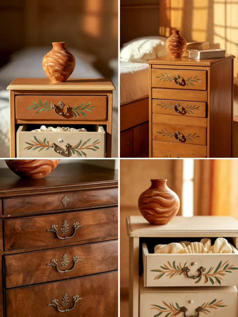 Four easy DIY bedroom bureau decor projects including drawer pulls, lined drawers, and painted vase