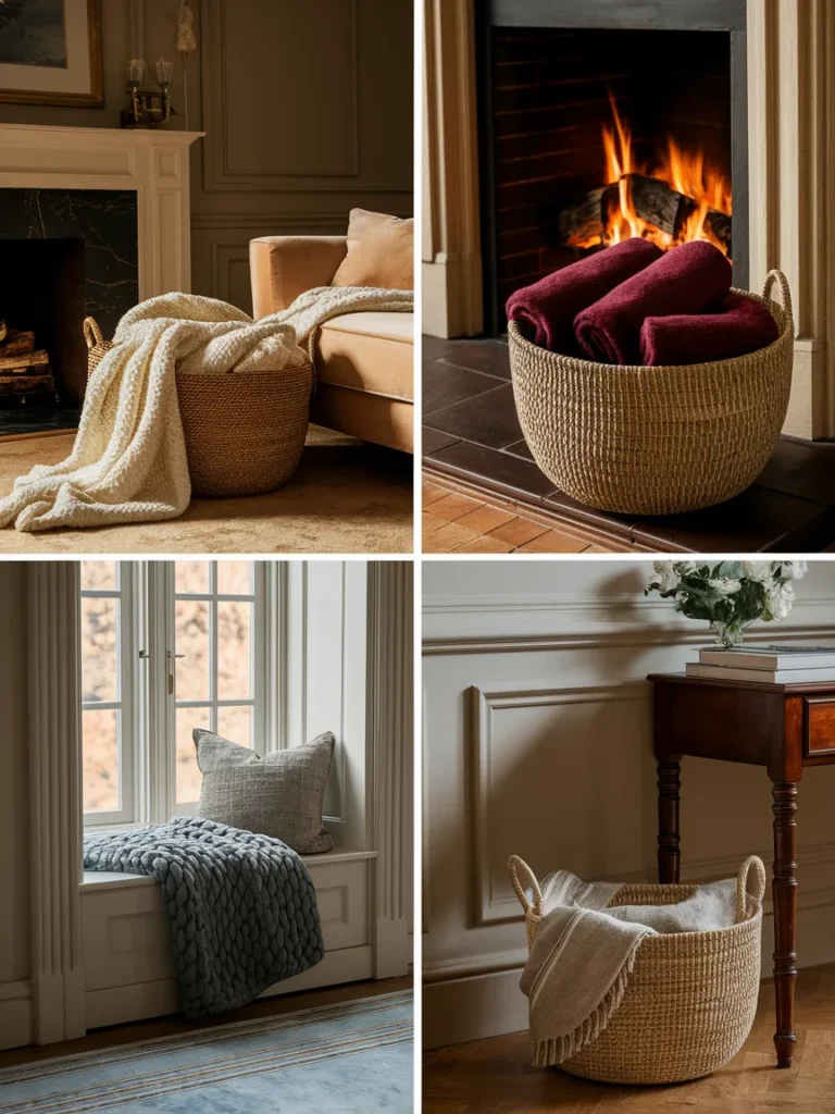 Four places to put a living room blanket basket including beside the sofa and near a fireplace