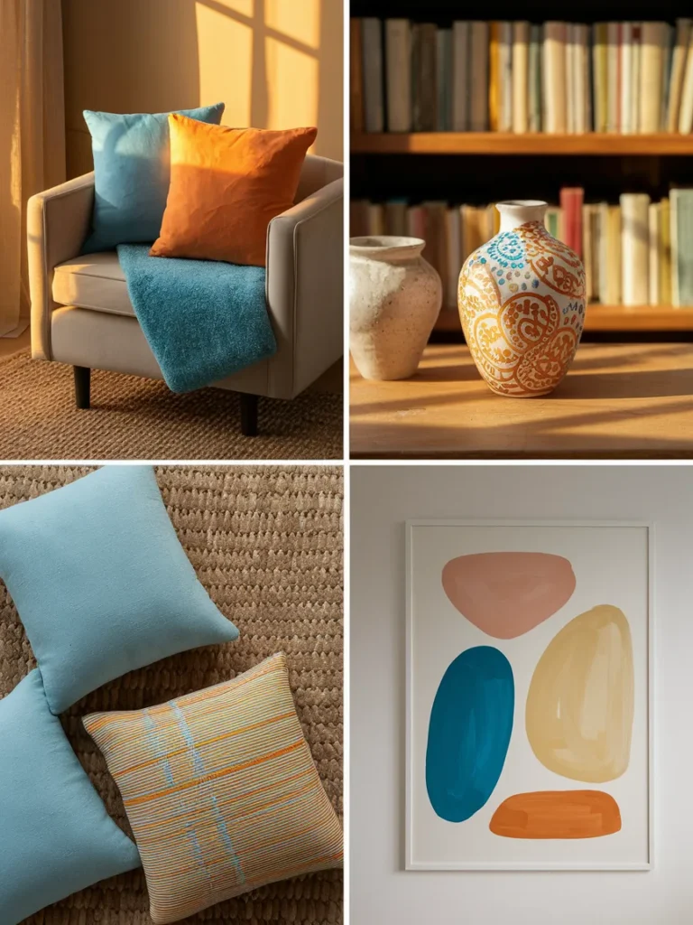 Four simple DIY blue and orange living room decor projects including pillow covers, vase, and art