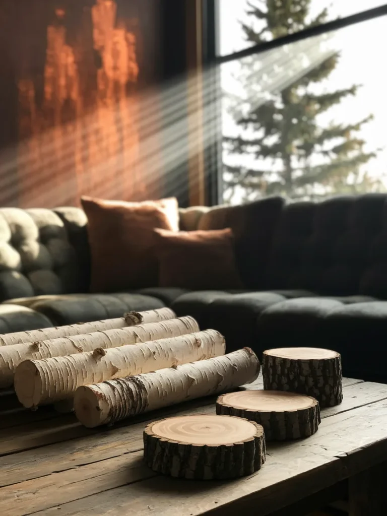  Four simple DIY cabin living room decor projects including log coasters, birch logs, and copper paint