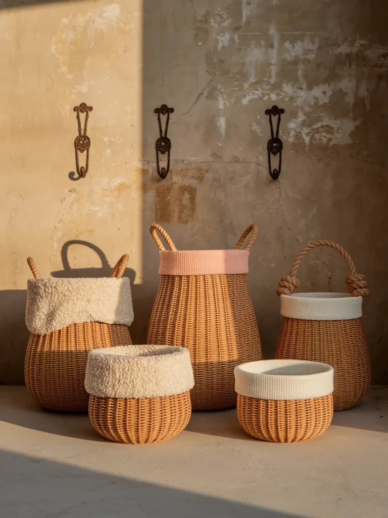 Four simple DIY wicker basket projects including fabric liners, spray paint, wall hooks, and rope handles