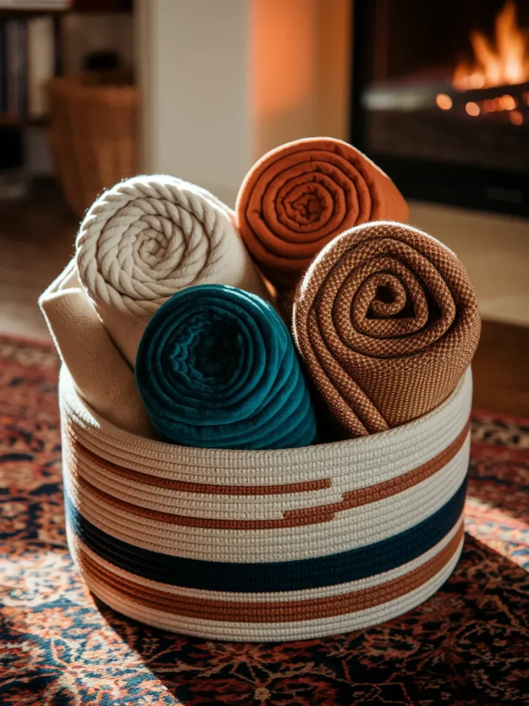 Four ways to fold and style blankets in a living room blanket basket